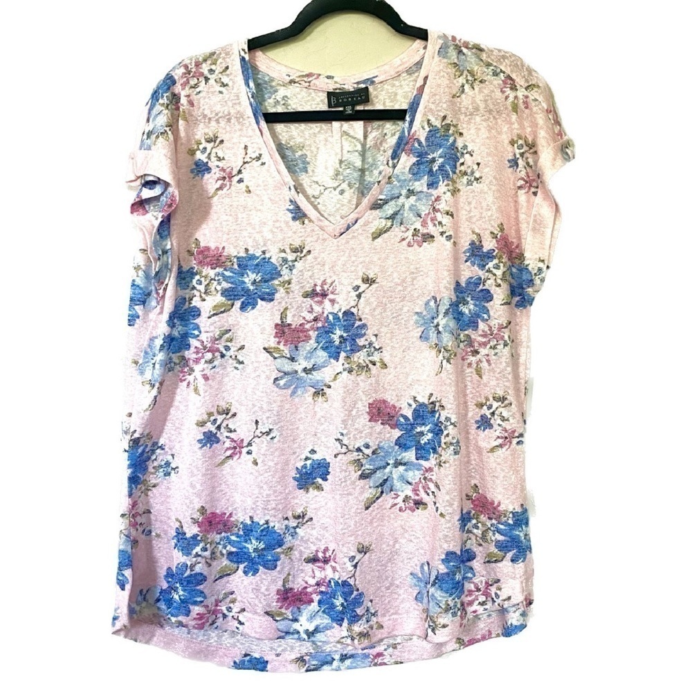 Bobeau Pink and Blue Floral V-neck Top Cap Sleeve Size XXL